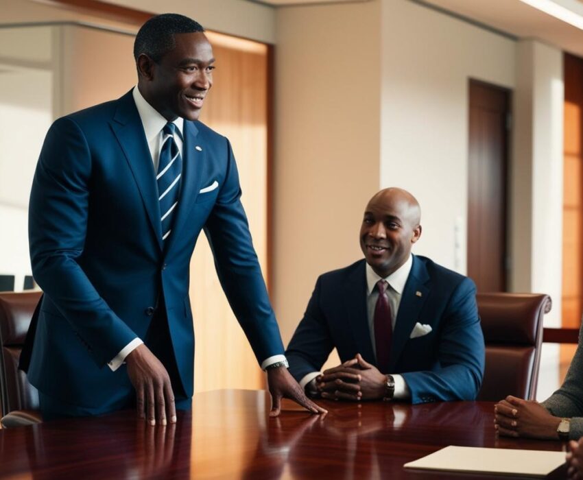 Black man in a Blue suit standing talking with 3 people sitting at around a table (1)