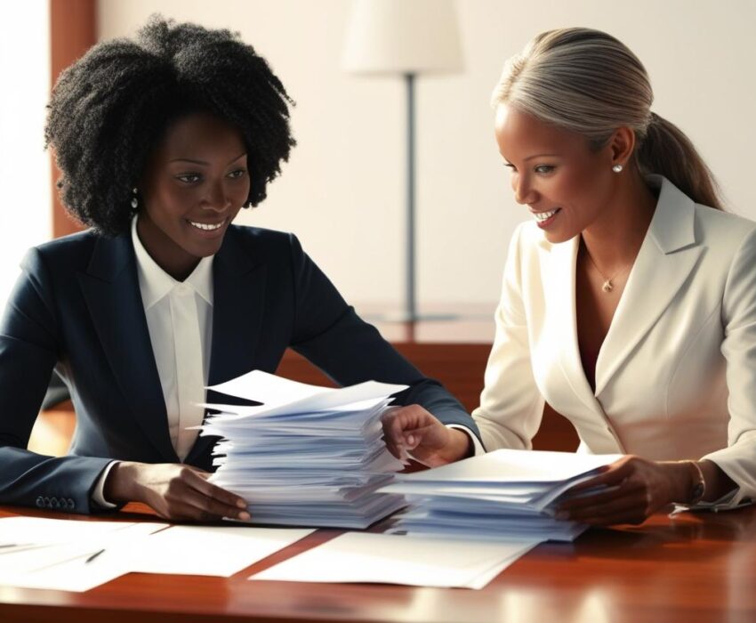 black and other person discussing papers at a desk