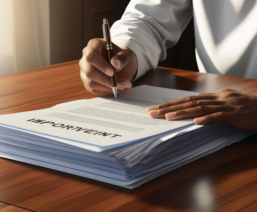 brown hands with pen over documents on a desk (2)